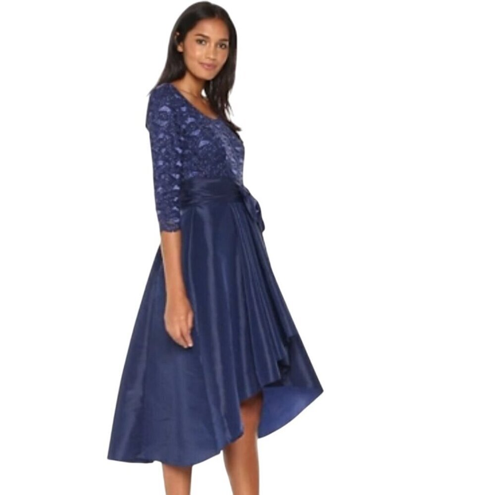 R&M Richards NWT Lace Taffeta High Low Bow Waist Formal Dress Navy Size 16
